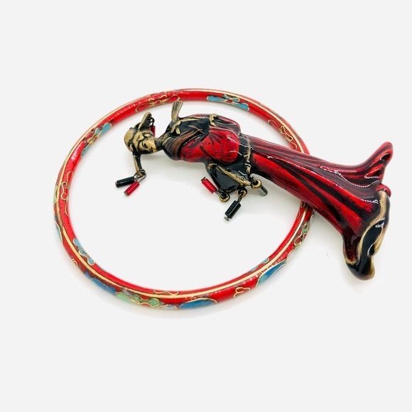 Vintage Red Asian Geisha Brooch & Bangle Bracelet - Picture 7 of 11
